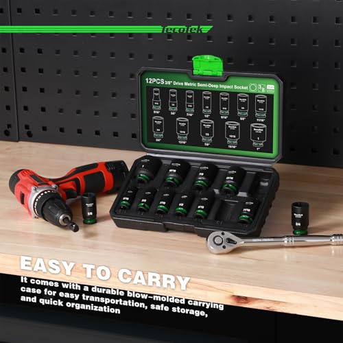 TecoTek 3/8-Inch Drive 12-Point SAE Semi-Deep Impact Socket Set, Mid-Length Socket Set, 5/16-Inch to 1-Inch, CR-MO, Stamped and Ink Filled Size Marking, 12-Piece - size: 5/16-Inch to 1-Inch