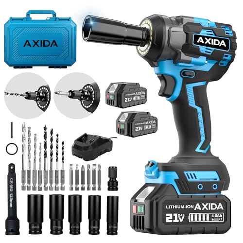 Cordless Impact Wrench, 1/2 Inch Brushless Impact Gun, 21V Impact Driver with 2x 4.0Ah Batteries, Charger & 5 Sockets, Variable Speeds for Car/Mower 650N.m (480 ft-lbs)