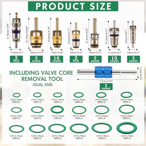 Frienda Car A/c Repair Kit 270 Pcs O-Ring Set 40 Pcs Ac Valve Cores R12 & R134a Refrigeration Tire Valve Stem Cores A/c Core Assortment with Remover Tool