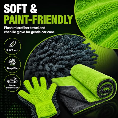 Microfiber Car Drying Towel & Chenille Wash Mitt Set, 1300 GSM 16 x 24 in Absorbent Auto Detailing Towel, Scratch-Free Car Wash Cloth and Mitt for Washing, Drying, Detailing, Gray Green