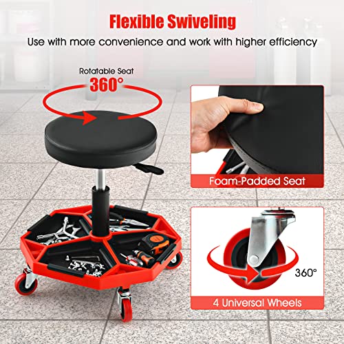 S AFSTAR Garage Shop Roller Seats, Adjustable Pneumatic Rolling Creeper Stool W/Tool Storage Tray & 4 Universal Wheels, Padded Mechanic Stool Repair Shop Stool Garage Rolling Stool (Red - color: Red
