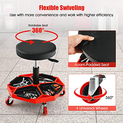 S AFSTAR Garage Shop Roller Seats, Adjustable Pneumatic Rolling Creeper Stool W/Tool Storage Tray & 4 Universal Wheels, Padded Mechanic Stool Repair Shop Stool Garage Rolling Stool (Red - color: Red