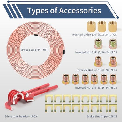 1/4" 25FT Copper Coated Brake Line Kit with Inverted Nuts and Unions, 3 in 1 Tube Bender, Brake Line Clips, Copper Coil Repair Kit for Car Industrial Hydraulic Brake Systems(Gold) - color: Gold, size: 0.25 Inch
