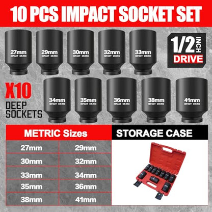 TONYNOL 1/2 Inch Drive Deep Impact Socket Set,10 PCS,6-Point,Metric Size(27mm to 41mm),Cr-Mo Steel,Heavy Duty Impact Socket Set,With a Storage Case - size: 1/2" Metric 10PC (1-1/16" to 1-5/8") Deep