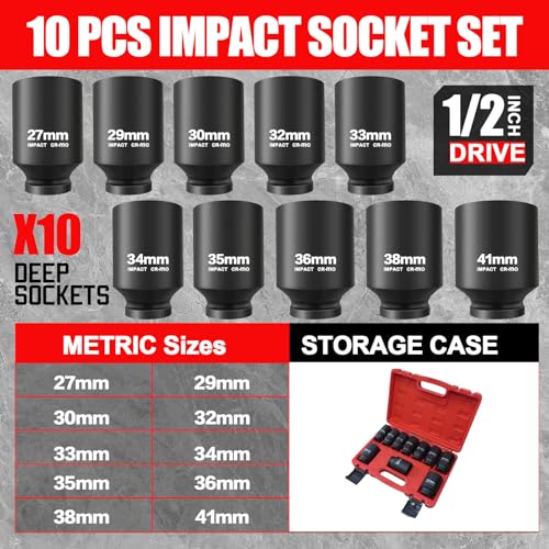 TONYNOL 1/2 Inch Drive Deep Impact Socket Set,10 PCS,6-Point,Metric Size(27mm to 41mm),Cr-Mo Steel,Heavy Duty Impact Socket Set,With a Storage Case - size: 1/2" Metric 10PC (1-1/16" to 1-5/8") Deep