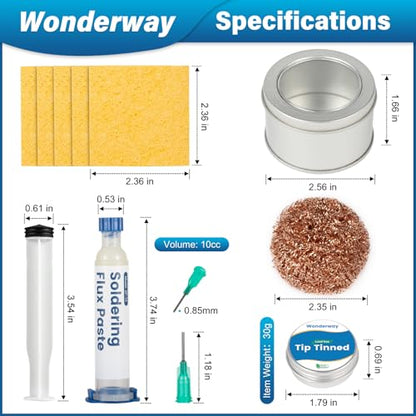 Tip Cleaning Kit, Solder Wick, 0.6mm Solder Wire, Solder Iron Tip, Brass Cleaning Wire, Soldering Tip Cleaner, Cleaning Sponge & Solder Flux, Supplied By Wonderway (SWK-002) - color: Swk-002