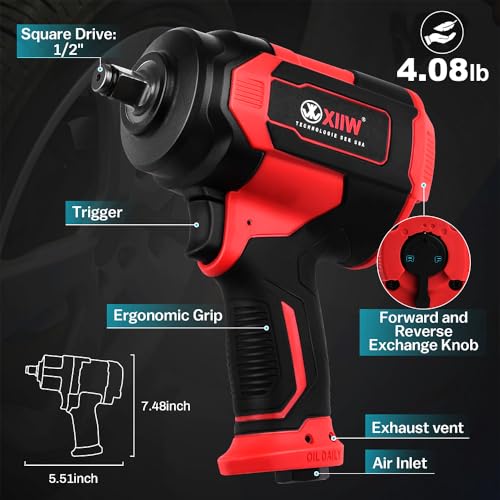 1/2'' Composite Air Impact Wrench, 1200 ft-lbs Torque, 4.08 lbs Lightweight | Variable Power Settings | 8500RPM Heavy Duty 1/2 Compact Air Impact Gun Pneumatic Impact Wrench for Auto Repair - size: 1/2 inch | 1200 ft-lbs