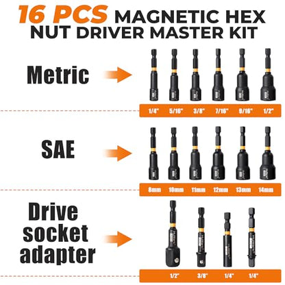MulWark Magnetic Nut Driver Set 16 pcs Impact Driver Bit Set - Deep 1/4” Hex Shank Drill Bit Set - Impact Socket Adapters - Bit Extension Quick Change Torx Bit Set – Christmas Tool Gift