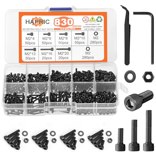 830 Pcs M2 Screws Kit Metric Bolts Kit M2*4mm/6mm/8mm/10mm/12mm/16mm/20mm Machine Screw Kit, 12.9 Alloy Steel Black Zinc Plated Hex Socket Head Screws Nuts Bolts and Washers Set - color: Black, size: M2x4-20mm 830Pcs