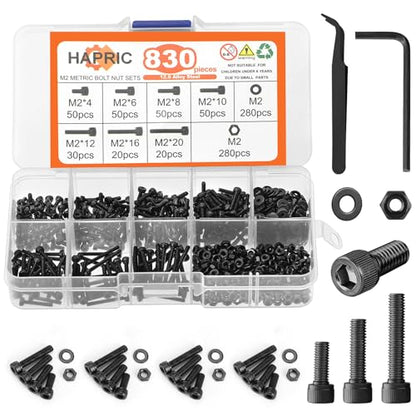 830 Pcs M2 Screws Kit Metric Bolts Kit M2*4mm/6mm/8mm/10mm/12mm/16mm/20mm Machine Screw Kit, 12.9 Alloy Steel Black Zinc Plated Hex Socket Head Screws Nuts Bolts and Washers Set - color: Black, size: M2x4-20mm 830Pcs