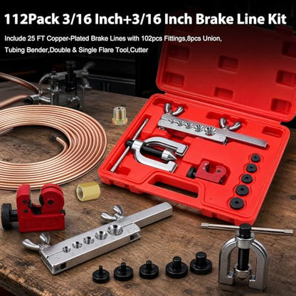 smseace 3/16 Inch+3/16 Inch Brake Line Flaring Tool Kit Include 25 FT Copper-Plated Brake Line Kit with 94pcs Fittings,8pcs Union,Tubing Bender,Double & Single Flare Tool,Cutter - color: Gold-B, size: 3/16inch+3/16inch