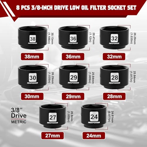 MIXPOWER 8 Pieces 3/8" Drive Low Profile Oil Filter Socket Set, 24mm, 27mm, 28mm, 29mm, 30mm, 32mm, 36mm, 38mm, Oil Filter Cap Remover and Installer Tool Set - size: 8-Piece