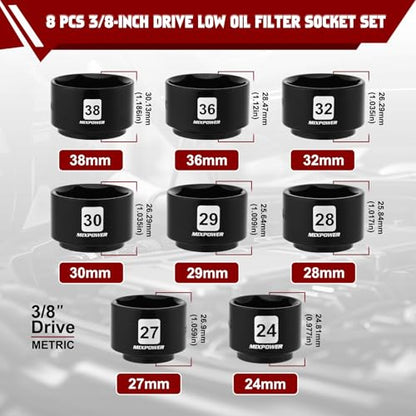 MIXPOWER 8 Pieces 3/8" Drive Low Profile Oil Filter Socket Set, 24mm, 27mm, 28mm, 29mm, 30mm, 32mm, 36mm, 38mm, Oil Filter Cap Remover and Installer Tool Set - size: 8-Piece
