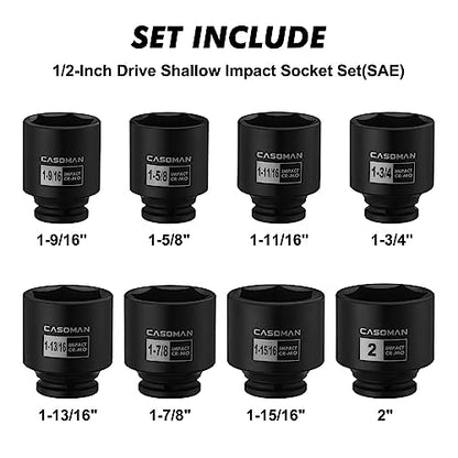 CASOMAN 1/2-Inch Drive Shallow Spindle Axle Nut Impact Socket Set,1-9/16" to 2", 6-Point, SAE, CR-MO, 8 Piece 1/2" Heavy Duty Impact Socket Set - size: 8PCS(1-9/16 Inch - 2 Inch), style: Shallow