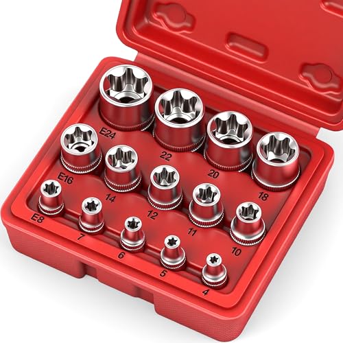 SEDY 14-Piece E-TORX Socket Set - Premium Female Torx Socket Set, Ultimate Torque Star Sockets, External Torx Sockets, E4 E5 E6 E7 E8 E10 E11 E12 E14 E16 E18 E20 E22 E24 - style: 14-Piece E-Torx - (E4-E24)