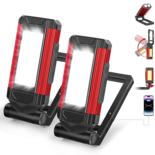 YiaMia Rechargeable Magnetic Work Light 2-Pack LED Flashlight | 2-Pack USB-C Rechargeable LED Work Lights with Strong Magnet, Kickstand and Carabiner for Garage, Camping, Car Repair - color: Red