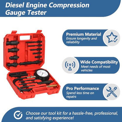 Diesel Engine Compression Tester Kit with 0-1000 psi Gauge and Adapters Cylinder Pressure Test Tool Kit Diesel Injector Tester Check Cylinders in Diesel Car & Truck