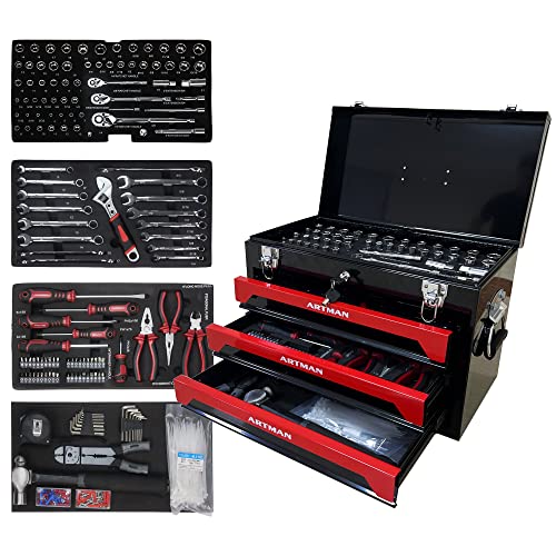 Campfun 439PCS Tool Set, Mechanic Tool Set for Home, Tool Box Set 4-Tier Socket Wrench Ratchet Plier Nails, Home Tool Set Mechanics Kit with 3 Drawers Organizer for Adults Man Handyman, Red - color: 439pcs-red