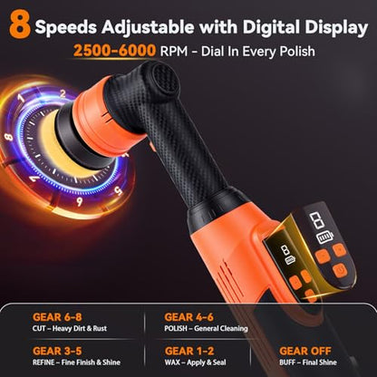 Protmex Cordless Mini Car Buffer Polisher with 8 Variable Speeds 2000‑6000 RPM, LED Display, 2×2000mAh 21V Batteries, Mini Polishers Kit for Auto Detailing, Scratch Remover and Paint Care - Short
