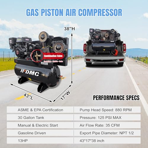 13HP Gas Powered Air Compressor, 3-Cylinder, 30 Gallon Horizontal Tank, Piston Pump Air Compressed System (125 PSI @ 44 CFM) - color: 13hp/125psi/44cfm/30gal