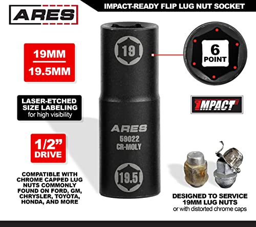 ARES 59022-1/2-inch Drive 19 x 19.5mm Half Size Lug Nut Flip Socket - Impact Grade Chrome-Moly Steel – Remove Warped, Damaged, and Bloated Chrome Capped Lug Nuts - size: 19 x 19.5mm