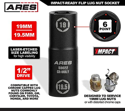 ARES 59022 19x19.5mm Half Size Lug Nut Flip Socket - 1/2-In Drive | Removes Warped, Damaged & Bloated Chrome Capped Lug Nuts - size: 19 x 19.5mm