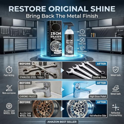 Rust Remover - Rust Remover Spray, Heavy Duty Rust Remover for Metal, Iron Eraser Iron and Rust Remover for Car Wheels, Bike Chains, Garden Tools & Iron Surfaces, Works on Steel Iron Chrome Aluminum | Professional Rust Remover for Metal, Iron Eraser Iron