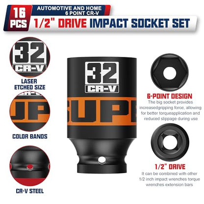 16 Piece 1/2" Drive Impact Socket Set, 10-32 mm Thicker Deep Sockets, Metric Socket Set, 6-Point, Cr-V, Automotive and Home - size: 1/2" 16pcs Metric