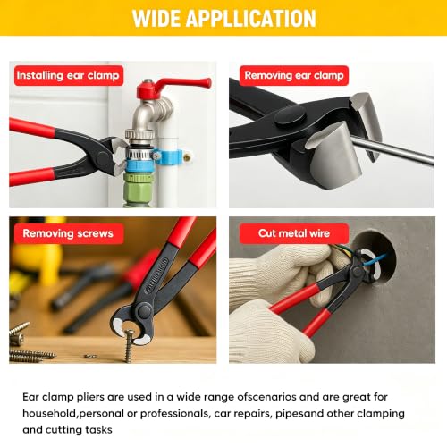 10 Inches Ear Clamp Pliers,Hose Clamp Crimping Tool,Carbon Steel Crimper Tool for Install Remove,Pincer Crimper Tool for Pipe Hose Clamps with 10pcs 1/2"304 Stainless Steel Hose Crimp