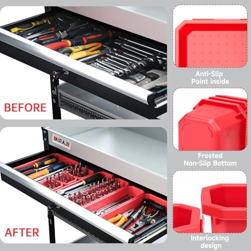 AIRAJ 3-Tier Rolling Tool Cart on Wheel,440LBS Heavy Duty Tool Storage Cart | Metal Rolling Tool Cart with 360° Casters,Lockable Drawer&Pegboard,Industrial Tool Organizer Cart with Trays&Hooks for Garage
