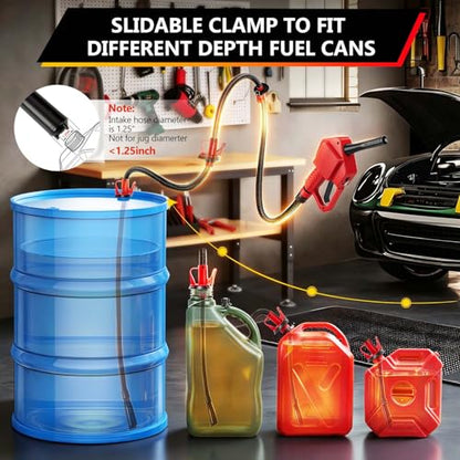 Portable Fuel Transfer Pump with Auto-Stop & Hand Nozzle, 80'' Pumping lift,fit different gas barrel sizes and depths, no adapters needed,3.8GPM, mulitiple power supply,for Gasoline, Diesel, Kerosene - size: 80''-3.8GPM