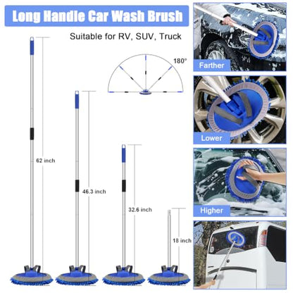 anngrowy 62" Microfiber Car Wash Brush with Long Handle, Car Washing Blue Set Mitt, Sponge, Car Cleaning Supplies Kit, Duster, Car Brush Accessories - color: Blue Set