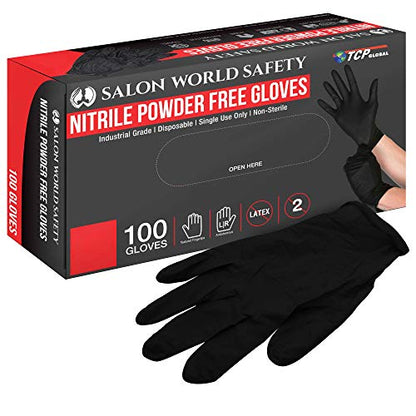 Salon World Safety Black Nitrile Disposable Gloves, Box of 100, Size X-Large, 5.0 Mil - Latex Free, Textured, Food Safe - size: Medium