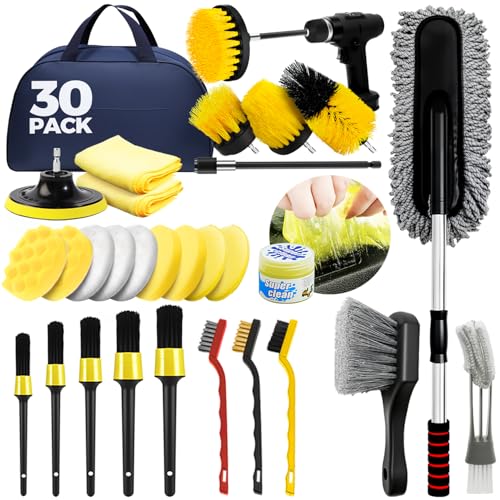 ALFLOD 30Pcs Car Detailing Kit for Interior, Exterior and Wheel Cleaning | Brushes, towels, wash mitt, cleaning gel, detail brushes and extendable-handle duster for vehicle, home and office care tasks
