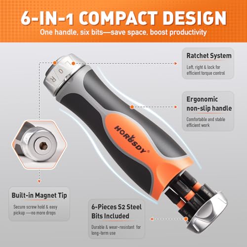 HORUSDY 59pcs Magnetic Nut Driver Set with 6-in-1 Ratcheting Screwdriver Handle, SAE & Metric 1/4 Inch Hex Shank Socket Set for Impact Drill with Quick-release Bit Holder and Extension Bar - style: New-Version