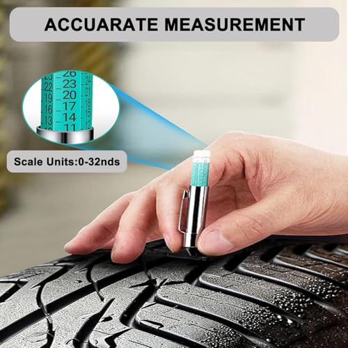 Tire Tread Depth Gauge Kit (4 Pack) - 1/32 Inch High-Accuracy Metal Pencil with Clip - Includes Valve Caps & Portable Bag for Car, Truck, SUV, Motorcycle, Bike