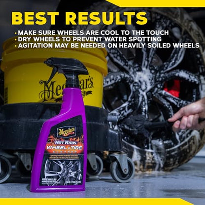 Meguiar's Hot Rims Wheel & Tire Cleaner, Tire Cleaner Spray, Powers Through Brake Dust And Road Grime; Use On Wheels Sidewalls On Cars, Trucks & Suvs For Tire Shine - 24 Oz Spray Bottle