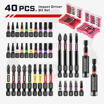 Geinxurn 40Pieces Impact Screwdriver Bits Set, Magnetic S2 Steel Phillips/Square/Torx Insert Power Bits Tips,Impact Bit Holder with Storage Box Case - style: 40pcs-Rd/Pk