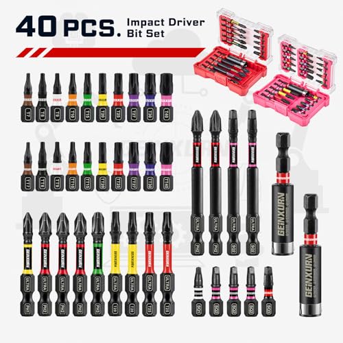 Geinxurn 40Pieces Impact Screwdriver Bits Set, Magnetic S2 Steel Phillips/Square/Torx Insert Power Bits Tips,Impact Bit Holder with Storage Box Case - style: 40pcs-Rd/Pk