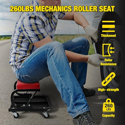 Nilight Rolling Mechanic Seat, 250 LBS Capacity Padded Mechanic Stool with Tool Tray Storage, Auto Repair, Red - color: Black Red 250lbs