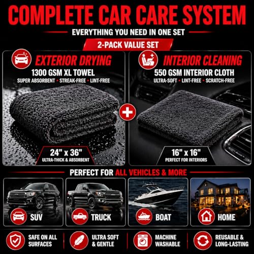 Microfiber Car Drying Towel & Interior Cleaning Cloth Set (2-Piece), 1300 GSM 24” x 36” Twisted Loop + 550 GSM 16” x 16” Coral Fleece, Streak-Free, Scratch-Free, Auto Detailing for Cars, Trucks & SUV
