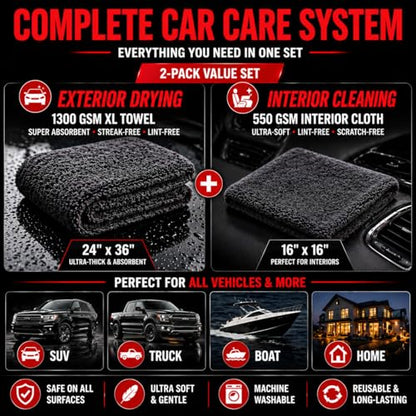 Microfiber Car Drying Towel & Interior Cleaning Cloth Set (2-Piece), 1300 GSM 24” x 36” Twisted Loop + 550 GSM 16” x 16” Coral Fleece, Streak-Free, Scratch-Free, Auto Detailing for Cars, Trucks & SUV