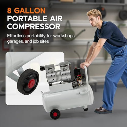 Albott 8 Gallon Oil-Free Air Compressor with Automatic Drain Valve | 1 HP Wheeled Tank Portable Garage Air Supply 70 dB Noise Level Pneumatic Tool Tire Inflation Use - style: 8 Gal