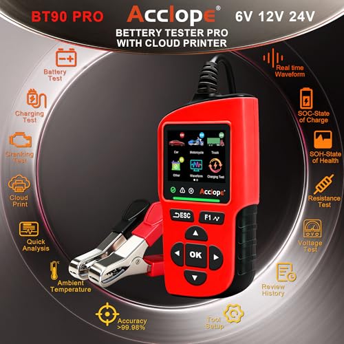 BT90 PRO 2-360Ah Battery Tester with Cloud Printing, 30-3800 CCA, 6V/12V/24V Digital Analyzer, SOH/SOC/Volt/Res/Cranking&Charging Test, Real‑Time Ambient Temp, AGM/EFB/Gel/Li - color: RED