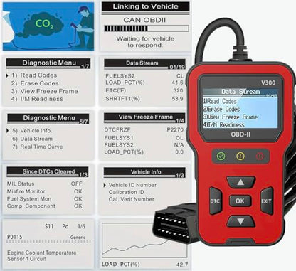 OBD V300 2 Scanner Check Engine Clear Code Reader Live Data Freeze Frame I/M Readiness Vehicle VIN Lookup Emissions Test Battery Voltage Test Works on All 1996 and Newer Gas only Vehicles