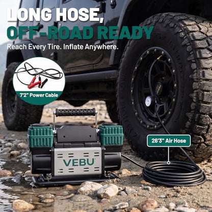 Heavy Duty Air Compressor 12V Tire Inflator, Dual Cylinder 125PSI with In-line Pressure Gauge, 10.6CFM Fast Inflation for Off-road Vehicles, Trucks, SUVs, RVs, ATVs, DC Power, Corded Electric - style: Dual Cylinders + Inline Gauge