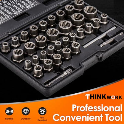 THINKWORK Bolt Extractor Kit, 35-Piece Nut Extractor Socket Set, 1/4" & 3/8" Drive Rounded Bolt Remover for Damaged, Rusted, Rounded-Off, Stripped Fasteners - size: 35-Piece