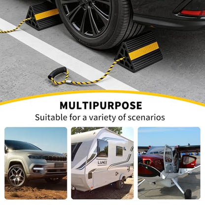 Vacallity Update Wheel Chocks for Trailer 2pc Heavy Duty Rubber Wheel Chocks with seprate Handle Rope&Yellow Reflective Tape Tire Chock Blocks for Cars Trucks Aircraft RV Camper Trailer Accessories - size: 2 pack