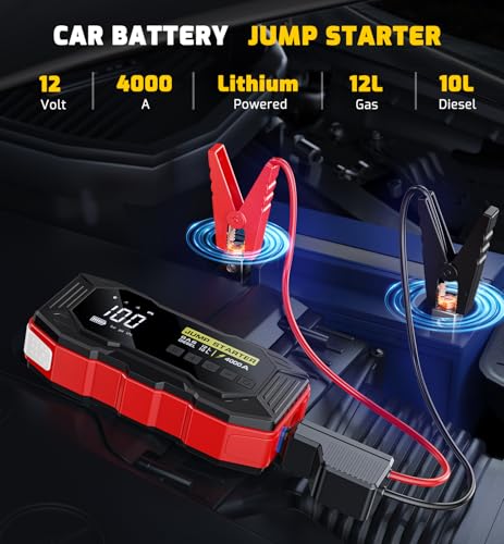 Jump Starter with Air Compressor 4000A Portable Car Battery Jump Starter (All Gas/10L Diesel), 160PSI Auto-Shutoff Tire Inflator Air Compressor, SuperSafe 12V Jump Box Car Battery Jumper Booster