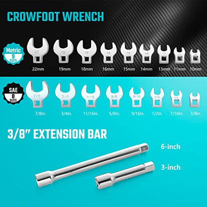 DURATECH 19-Piece 3/8" Drive Crowfoot Wrench Set with 2 Extension Bars | SAE & Metric, 10mm-22mm & 3/8"-7/8", CR-V Steel, for Brake & Fuel Line Fittings in Tight Space, with EVA Foam Tool Organizer - size: Metric and SAE, style: Regular